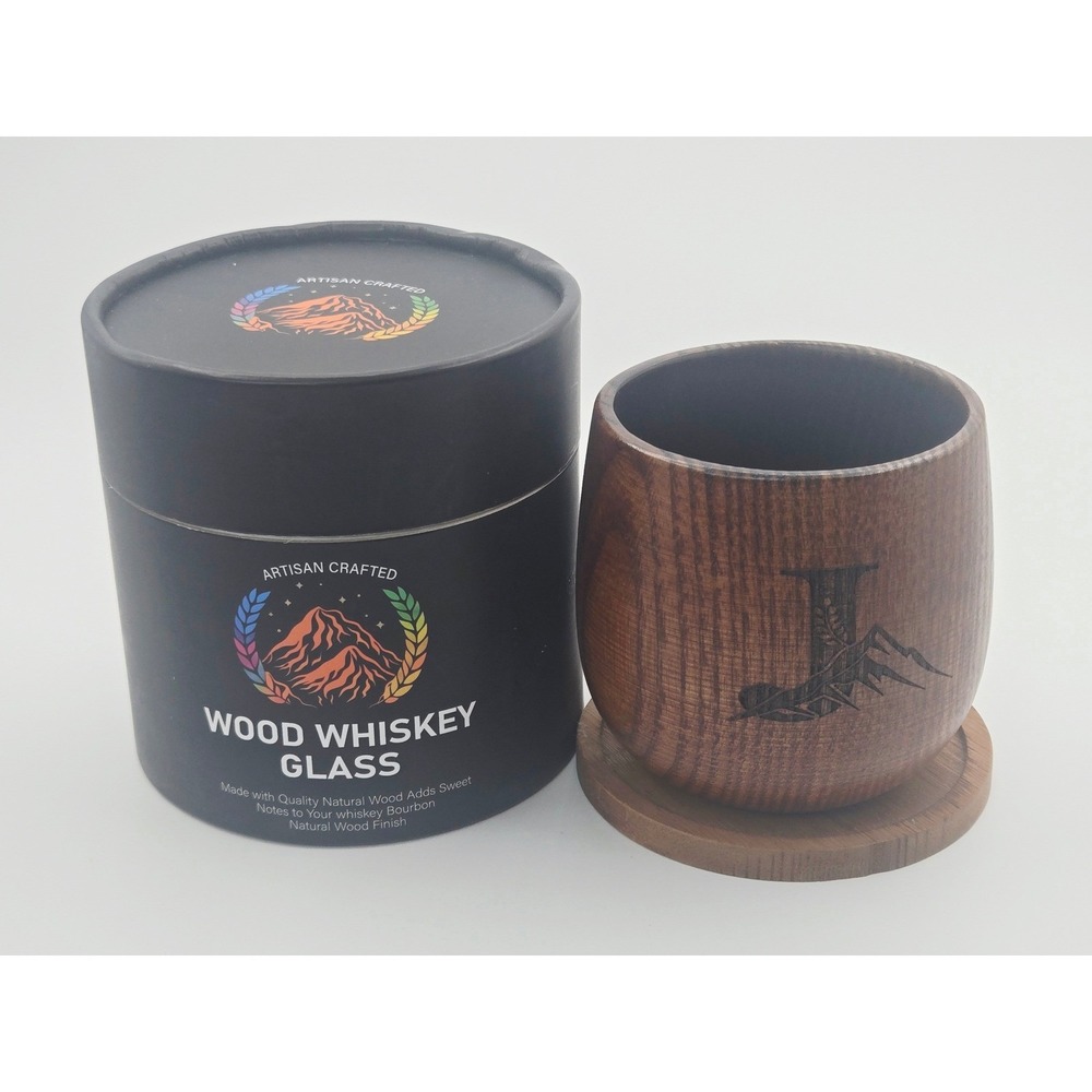 Artisan Crafted Wood Whiskey Glass with Lid Coaster Engraved Mountain Gift Box J
